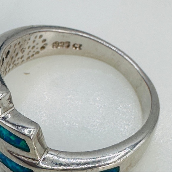 Sterling Silver Ring Created Opal CZ Accent Size 6 Crossover Blue Green 925 Mark - Picture 6 of 11